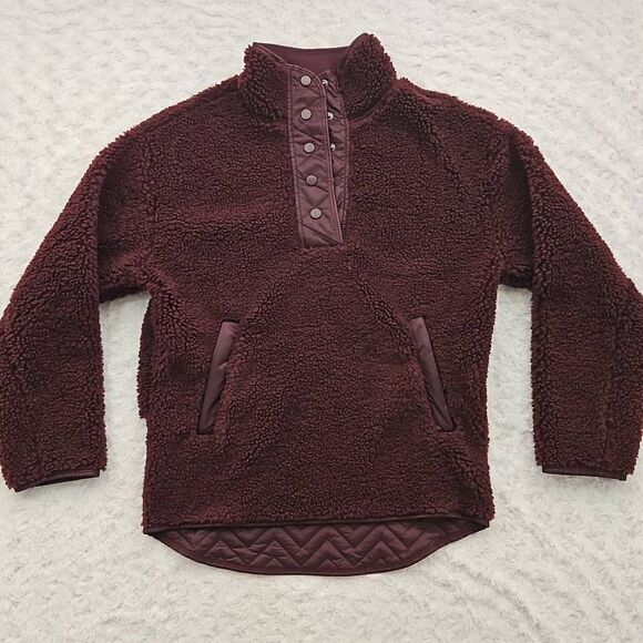Athleta XS Cozy Sherpa Snap Sweatshirt Maroon Wine Red 466888 NWOT Womens Fleece - Picture 1 of 8